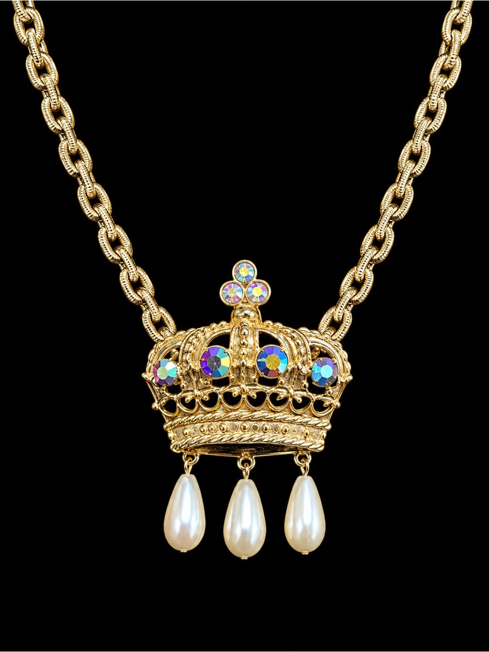 Gold Crown Pendant Necklace with Pearl Drops - Women Jewelry